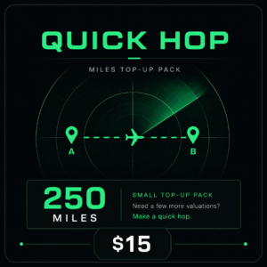 Cost Pilot Quick Hop miles top-up pack featuring 250 additional Miles for item valuations, displayed with a short aviation route and radar-inspired design.