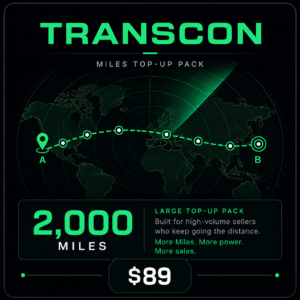 Cost Pilot Transcon miles top-up pack featuring 2,000 additional Miles for item valuations, displayed with a long-distance transcontinental flight path and advanced radar navigation design.