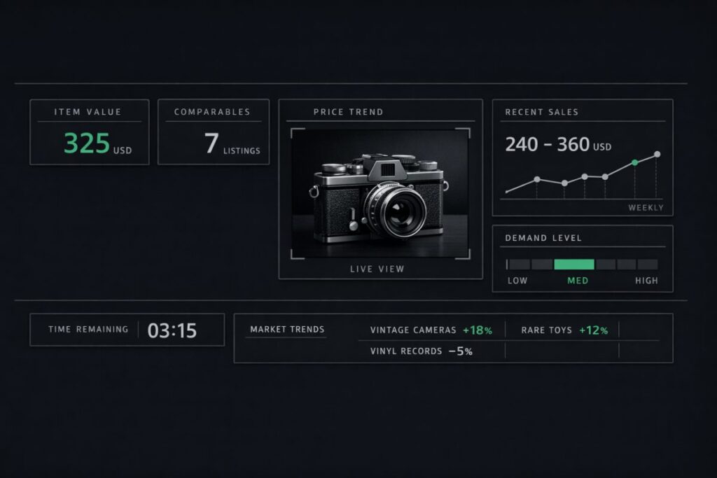 Smartphone displaying Cost Pilot app showing real-time valuation of flea market collectibles