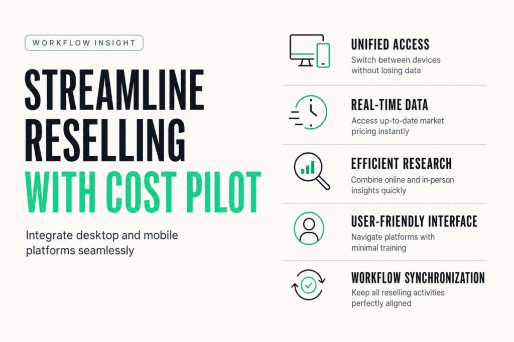 Image alt text suggestion: "Cost Pilot app interface displayed on both desktop and mobile devices showing item valuations in real time."